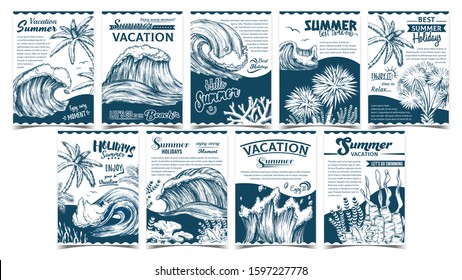 Wave, Palm Trees And Seaweeds Banner Set Vector. Collection Creative Advertising Poster With Green Leaves Plants, Seaweeds And Marine Tides. Summer Vacation Holidays Monochrome Template Illustrations