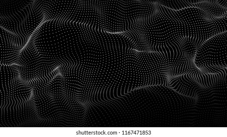 Wave of particles. Wave 3d. Abstract digital landscape. Technology background. Vector illustration.