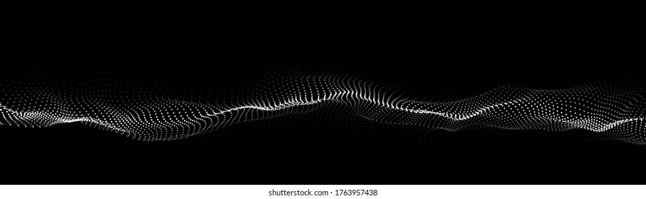 Wave of particles. Abstract wave dots in dark background. Big data. Technology Abstract music background. Futuristic point wave. Vector illustration. Dynamic particles sound wave flowing over dark.