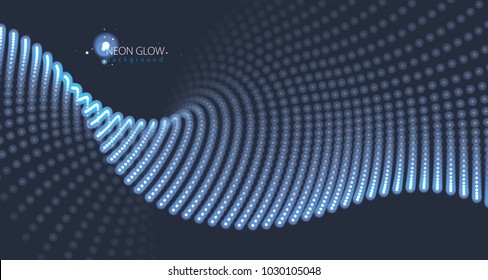 Wave of particles. Blurred lights vector abstract background. Beautiful wave shaped array of glowing dots.