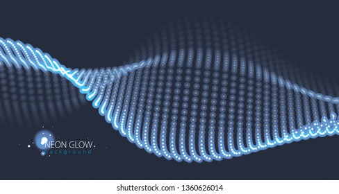 Wave of particles. Blurred lights vector abstract background. Beautiful wave shaped array of glowing dots.
