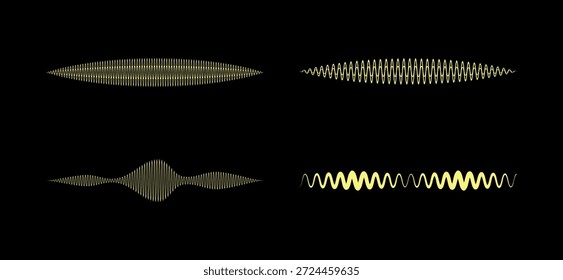 Wave particles duality, pod cast sound wave and audio signal line icon vector set.