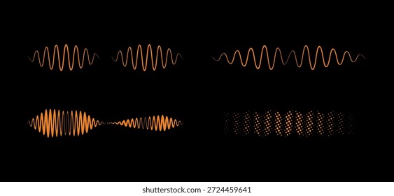 Wave particles duality, pod cast sound wave and audio signal line icon vector set.