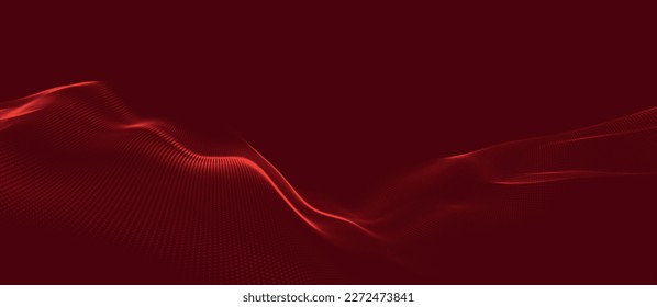 Wave of particles. Futuristic dots pattern on dark background. Big data digital code. Technology or Science Banner. 3D rendering. Vector illustration.
