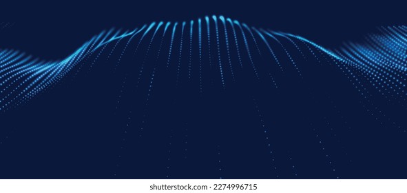 Wave of particles. Futuristic dots pattern on dark background. Big data digital code. Technology or Science Banner. 3D rendering. Vector illustration.