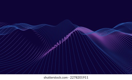 Welle von Partikeln. Futuristische Punktmuster auf dunklem Hintergrund. Digitaler Big-Data-Code. Technologie- oder Wissenschaftsbanner. 3D-Darstellung. Vektorgrafik.