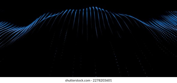 Wave of particles. Futuristic dots pattern on dark background. Big data digital code. Technology or Science Banner. 3D rendering. Vector illustration.
