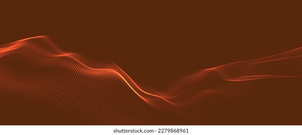 Wave of particles. Futuristic dots pattern on dark background. Big data digital code. Technology or Science Banner. 3D rendering. Vector illustration.