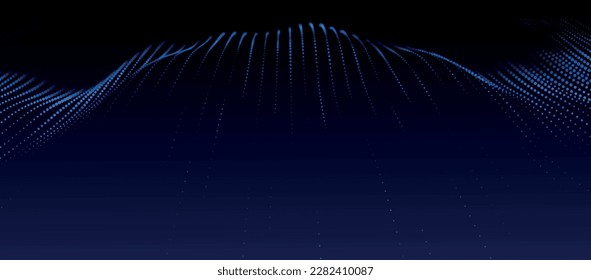 Ola de partículas. Patrón de puntos futuristas sobre fondo oscuro. Código digital de grandes datos. Banner de tecnología o ciencia. Representación 3D. Ilustración vectorial.