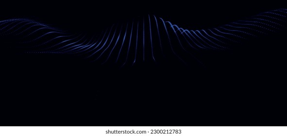 Wave of particles. Futuristic dots pattern on dark background. Big data digital code. Technology or Science Banner. 3D rendering. Vector illustration.