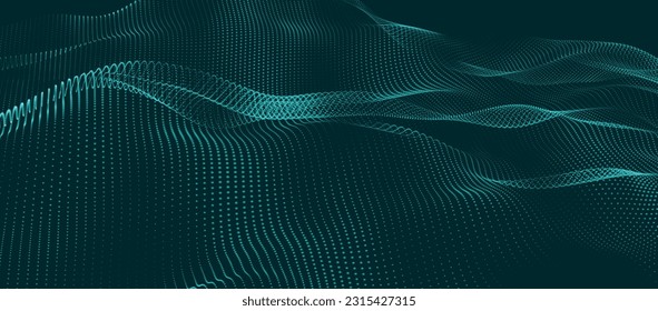 Wave of particles. Futuristic dots pattern on dark background. Big data digital code. Technology or Science Banner. 3D rendering. Vector illustration.