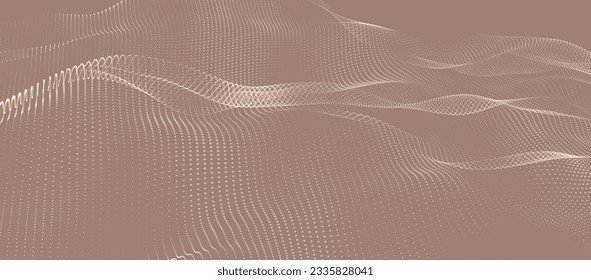 Wave of particles. Futuristic dots pattern on dark background. Big data digital code. Technology or Science Banner. 3D rendering. Vector illustration.