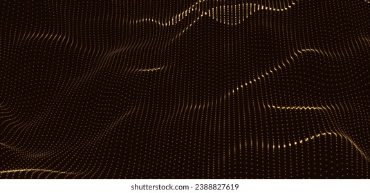 Wave of particles. Futuristic dots pattern on dark background. Big data digital code. Technology or Science Banner. 3D rendering. Vector illustration.