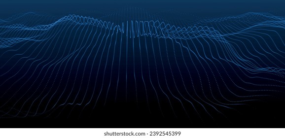 Wave of particles. Futuristic dots pattern on dark background. Big data digital code. Technology or Science Banner. 3D rendering. Vector illustration.