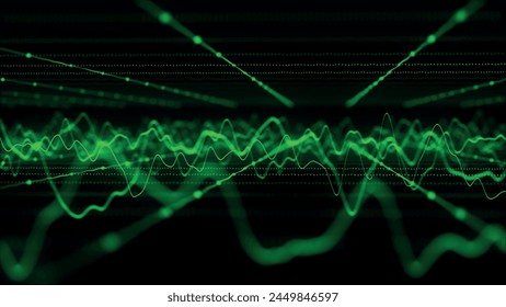 Wave of particles. Futuristic pattern of dots and lines on a dark background. Visualization of sound waves. Big data digital code. Technology or science banner. 3D vector illustration