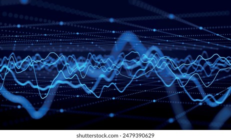 Wave of particles. Futuristic pattern of dots and lines on a dark background. Visualization of sound waves. Diagram. Big data digital code. Technology or science banner. 3D Vector illustration.