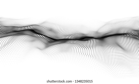 Wave of particles. Futuristic point wave. Vector illustration. Abstract background with a dynamic wave. Wave 3d