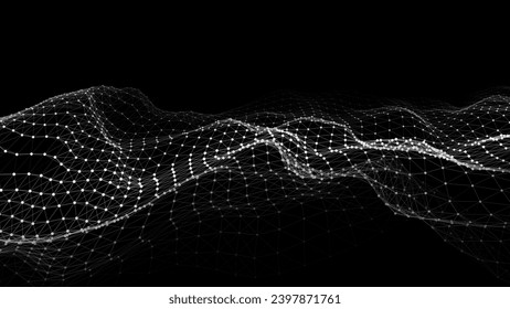 Wave of particles and lines. Big data visualization. Abstract background with a dynamic wave. Vector illustration.