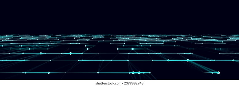 Ola de partículas y líneas. Gran visualización de datos. Resumen de fondo con una onda dinámica. Ilustración vectorial.
