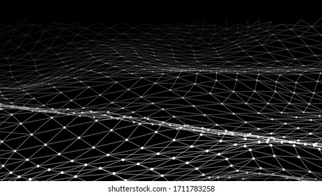Wave of particles on dark background. Technology backdrop. Pattern for presentations. Vector illustration