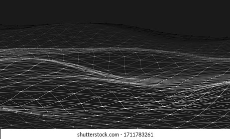 Ola de partículas sobre fondo oscuro. Fondo tecnológico. Patrón para presentaciones. Ilustración del vector