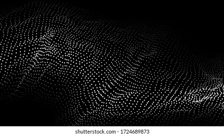 Wave of particles on dark background. Technology backdrop. Pattern for presentations. Vector illustration