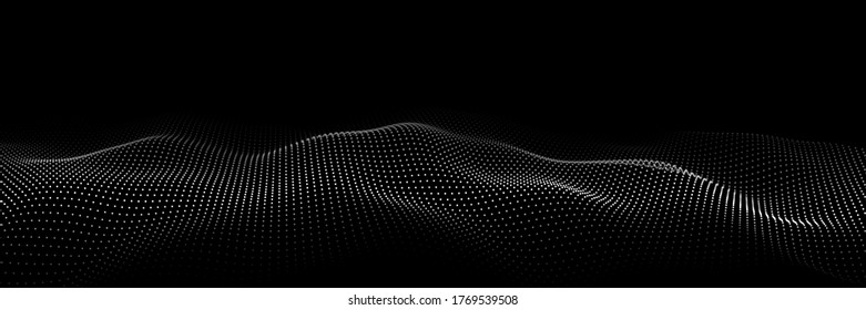 Wave of particles on dark background. Technology backdrop. Pattern for presentations. Vector illustration