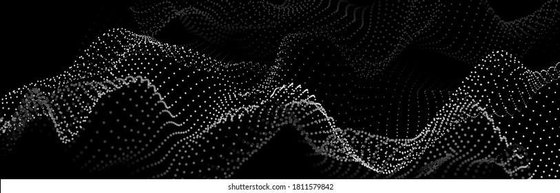 Wave of particles on dark background. Technology backdrop. Pattern for presentations. Vector illustration