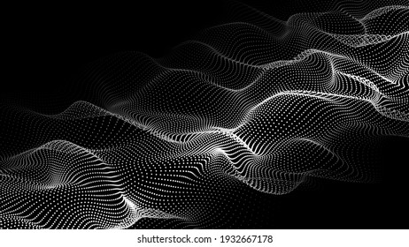 Wave of particles on dark background. Technology backdrop. Pattern for presentations. Vector illustration	