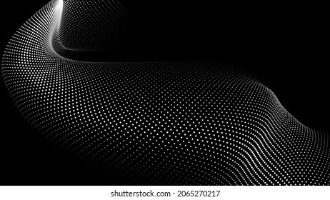Welle von Teilchen auf dunklem Hintergrund. Technologie-Hintergrund. Muster für Präsentationen. 3D-Vektorgrafik