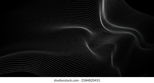 Wave of particles on dark background. Technology backdrop. Pattern for presentations. Vector