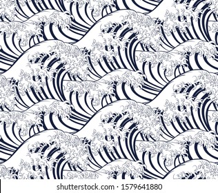  Wave pattern background that can be seamlessly tiled or repeated. In an engraved vintage retro woodcut Japanese style