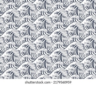 Wave pattern background that can be seamlessly tiled or repeated. In an engraved vintage retro woodcut Japanese style