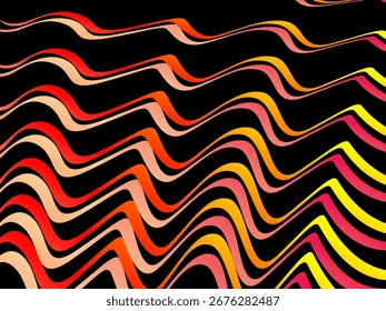 O plano de fundo do padrão de onda é um padrão de linha ondulada vertical com gradações de cor de néon brilhante, criando um efeito de fluxo dinâmico em um plano de fundo preto profundo.