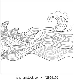 wave pattern by hand. graphic vector illustration. Abstract vector black and white design with waves. Japanese motifs. graphic vector illustration