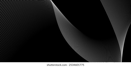  wave pattern created with white lines on a black background depicting fluid movement and depth
