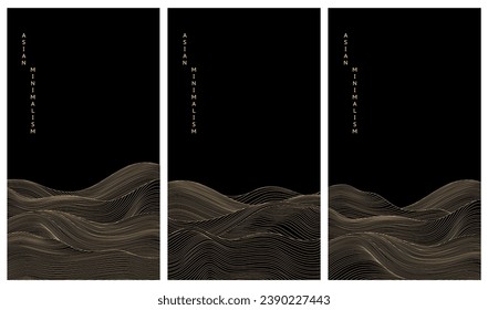 Wave pattern. Gold line background, abstract japan black sea texture, tradition river flow, nature ripple. Asian minimalism. Luxury metallic backdrop for banner and poster. Vector geometric design