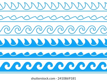 Wave pattern. Seamless water waves. Ocean, sea, marine line symbols. River or lake background. Vector illustration.