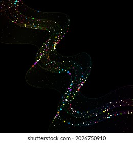 Wave pattern with shimmering particles. Heart. Black background. Design element