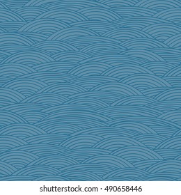 Wave pattern. Vector seamless abstract wavy lines and stripes background. Dark blue scallop waves wallpaper.