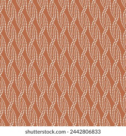 Wave pattern of white dots on a brown background. Geometric ornament of dots. White patterned stripes. Vector seamless pattern.