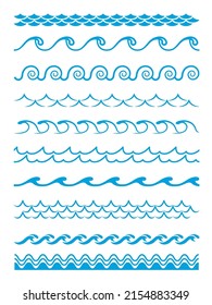 Wave patterns, frame borders and wavy line separators, vector set. Water wave blue ripples, zigzag curves, tide curls of sea or ocean waves for frame border