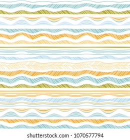 Wave patterns set. Wavy borders, ribbons. Sea waves brushes. Vector seamless ornamental background.