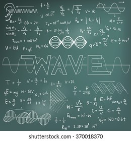 Wave physics science theory law and mathematical formula equation, chalk doodle handwriting and frequencies model icon in blackboard background used for school education and decoration (vector)