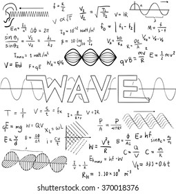 Wave physics science theory law and mathematical formula equation, doodle handwriting and frequencies model icon in isolated background paper used for school education and document decoration (vector)