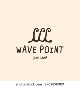 Wave point surf camp logo design with hand-drawn sea waves on a beige background, vector illustration.