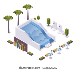 Piscina ondulada para entrenamiento de surf en escena isométrica. Ilustración conceptual de vectores con soporte de tableros, palmeras, duchas y paraguas exteriores 