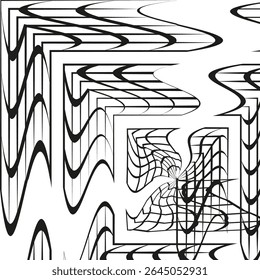 Vetor do portal de ondas. Forma quadrada distorcida. Projeto de espiral abstrato. Contraste de branco preto.