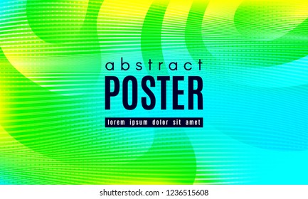 Wave Poster with Fluid Shapes. Gradient Abstract Background with Movement of Wave Liquid Forms. Linear Geometric Brochure in Yellow, Turquoise and Green Colors. Fresh Neon Concept with Abstract Waves.