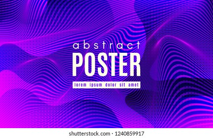 Wave Poster with Fluid Shapes. Gradient Abstract Background with Movement of Wave Liquid Forms. Linear Geometric Brochure in Trendy Ultraviolet Color. Purple Neon Concept with Abstract Waves.
